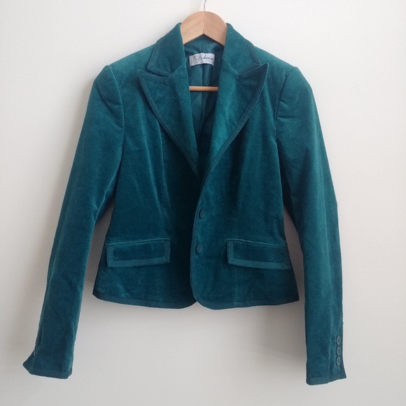 Y2K cotton velvet teal blue blazer jacket sharp lapels XS - Picture 7 of 12